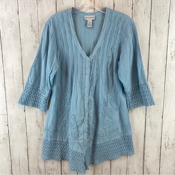 Soft Surroundings Blue Grenada Gauze Pintuck Tunic Embroidered Crochet Top Small - Picture 1 of 11